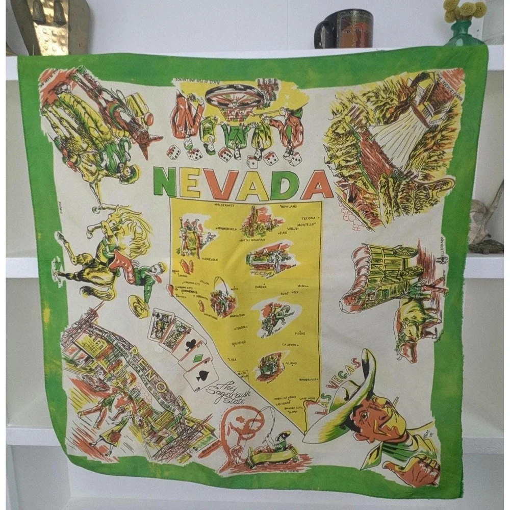 Vintage 1940's Las Vegas Nevada rayon novelty print scarf colorful